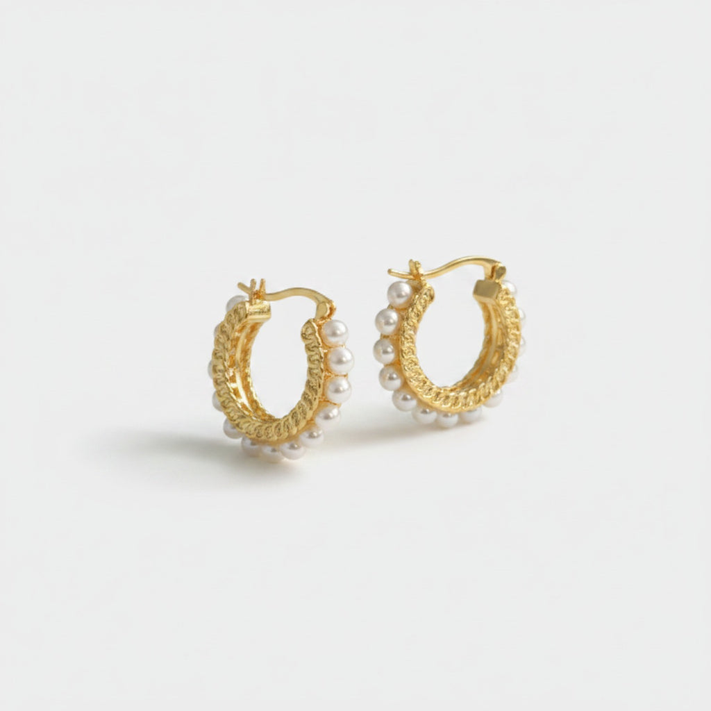 Pearl & Gold Textured Hoop Earrings Gold