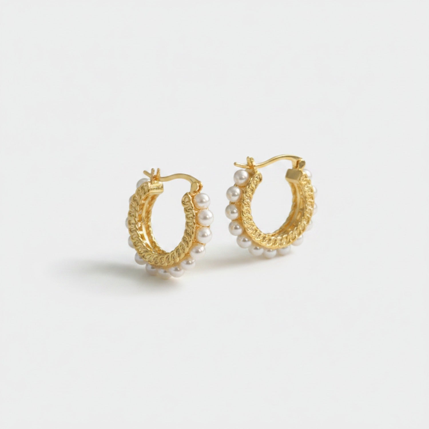 Pearl & Gold Textured Hoop Earrings Gold