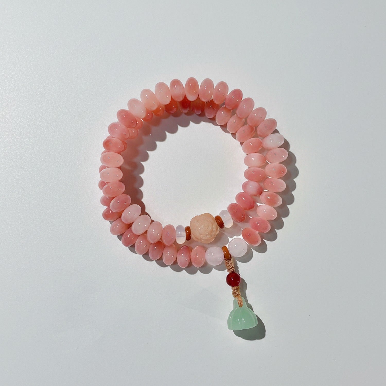 Pink Jade Beaded Bracelet With Green Jade Charm
