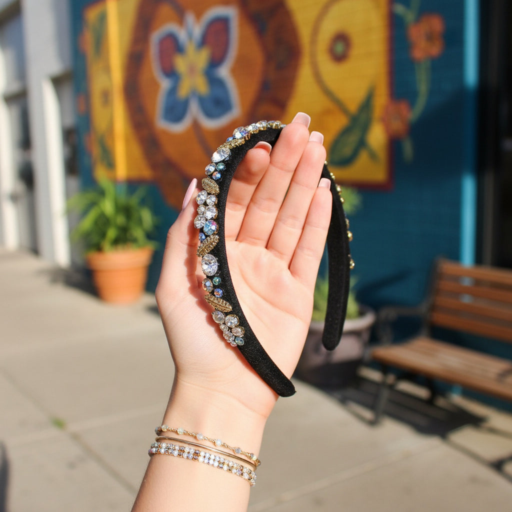 Black Padded Headband With Rhinestone Embellishments