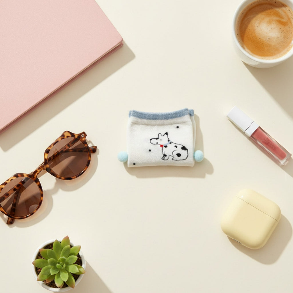Cream Cow Print Polka Dot Crew Socks