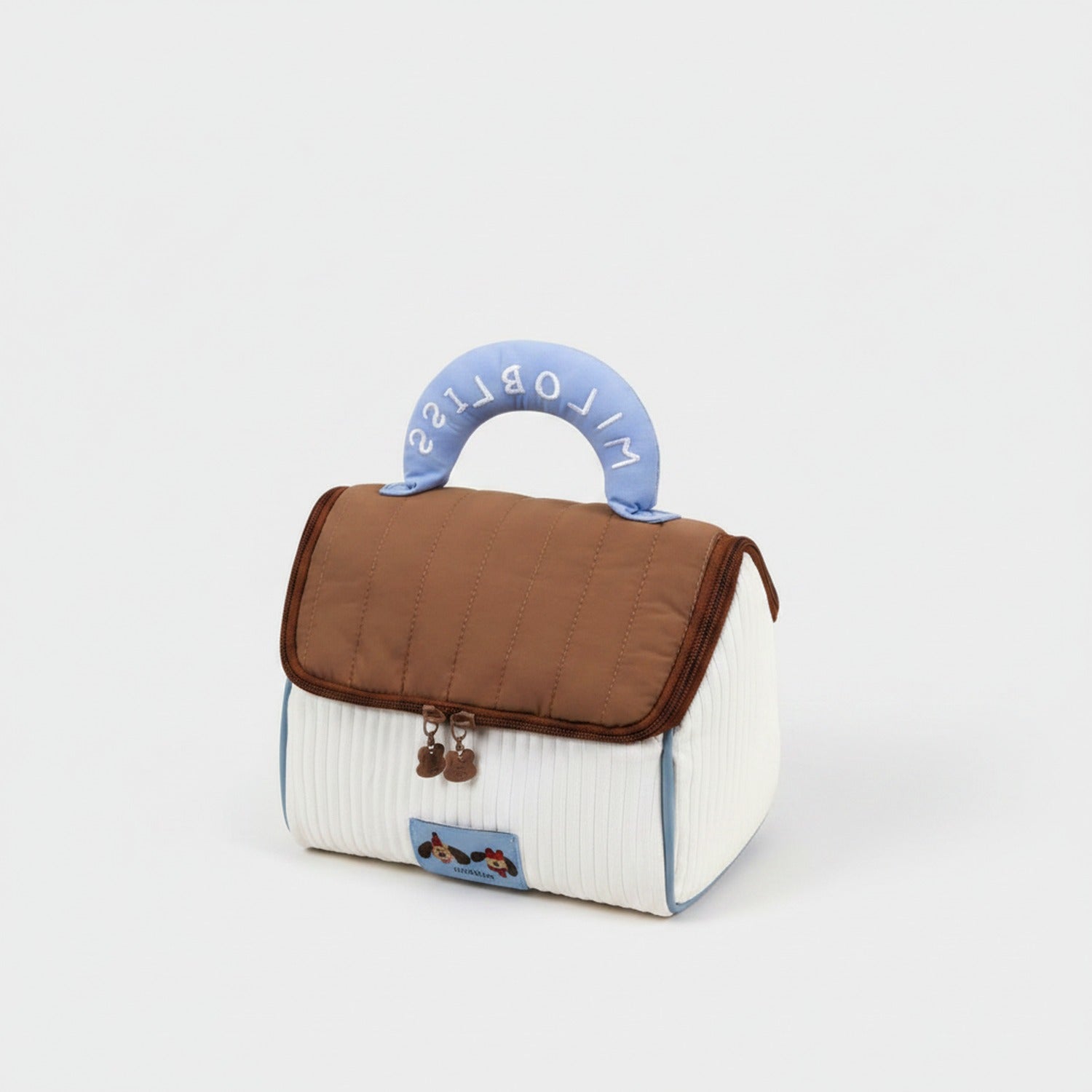 Quilted Cream & Brown Cosmetic Bag with Blue Handle