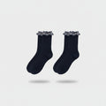 Navy Ribbed Crew Socks With Plaid Ruffle Trim