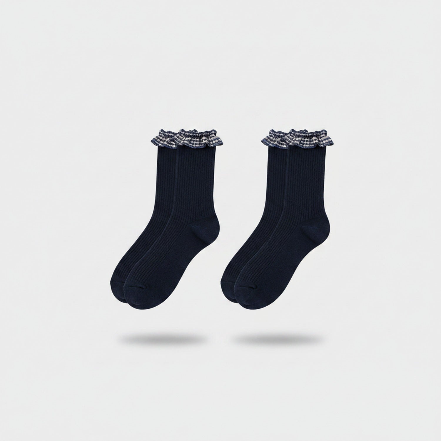 Navy Ribbed Crew Socks With Plaid Ruffle Trim