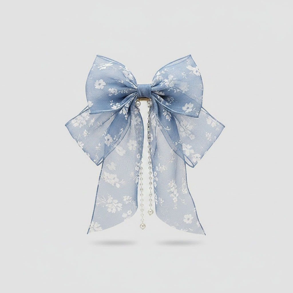 Blue Floral Pearl Chain Hair Claw Clip