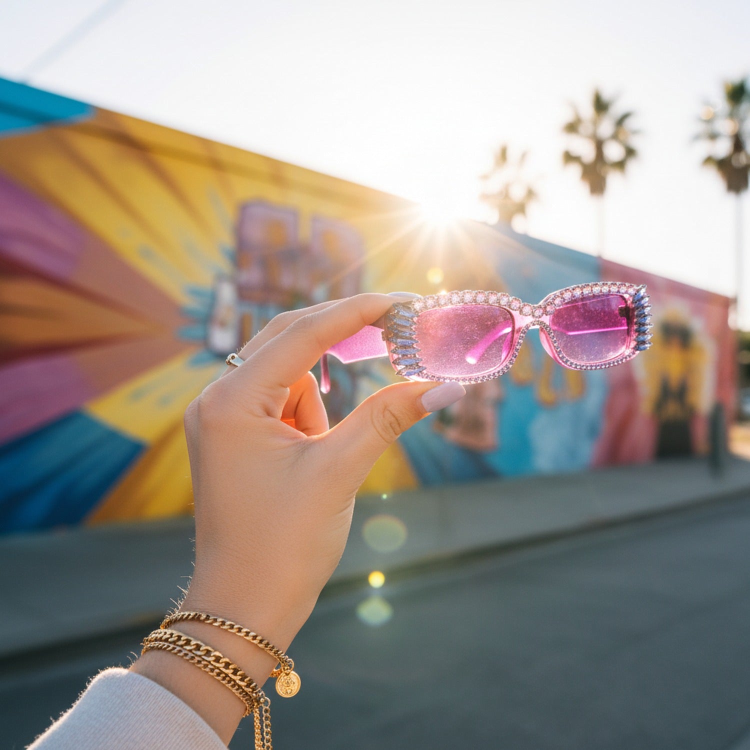 Purple Glitter Oval Sunglasses With Spike Eyelash Details