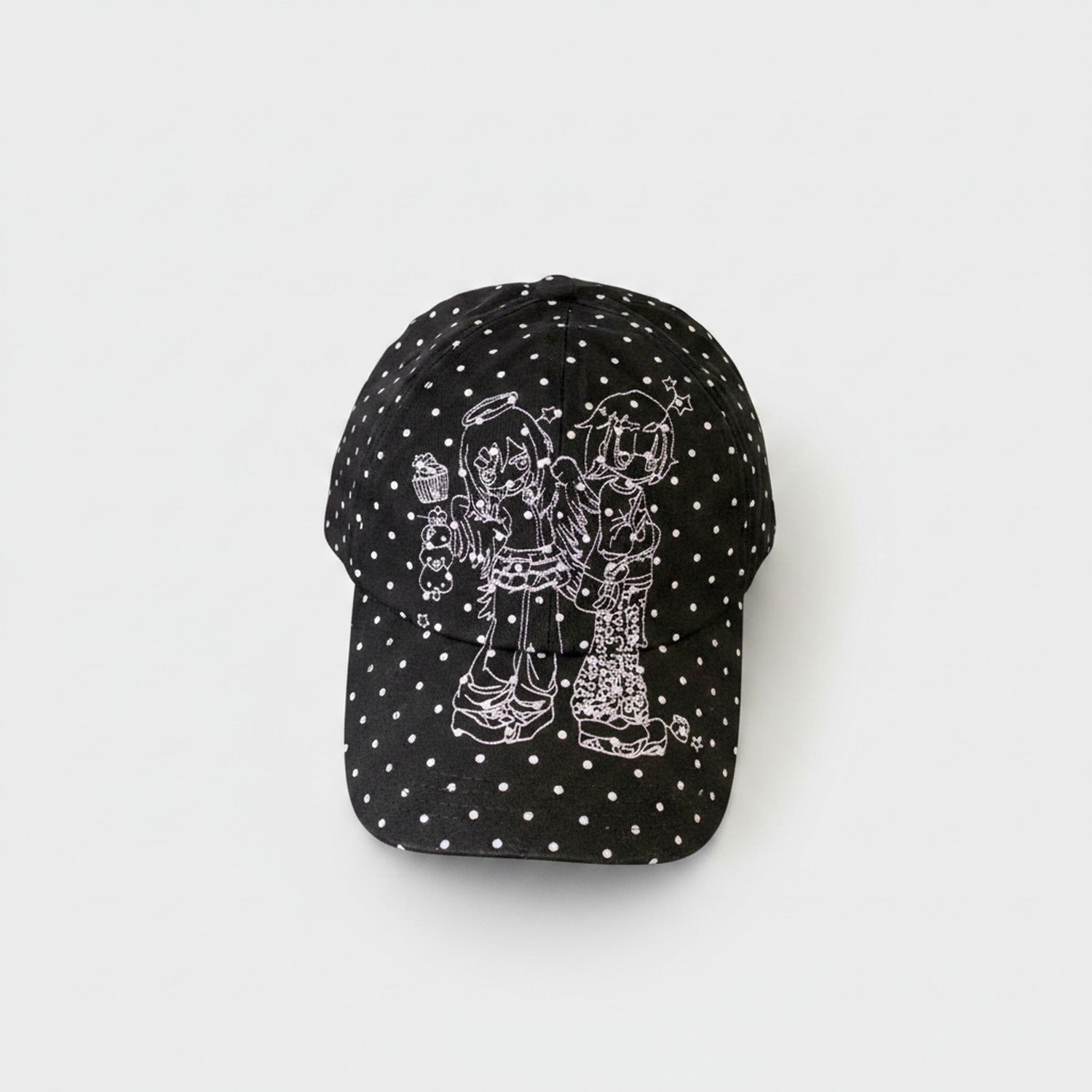 Black Polka Dot Baseball Cap with Anime Girl Graphic