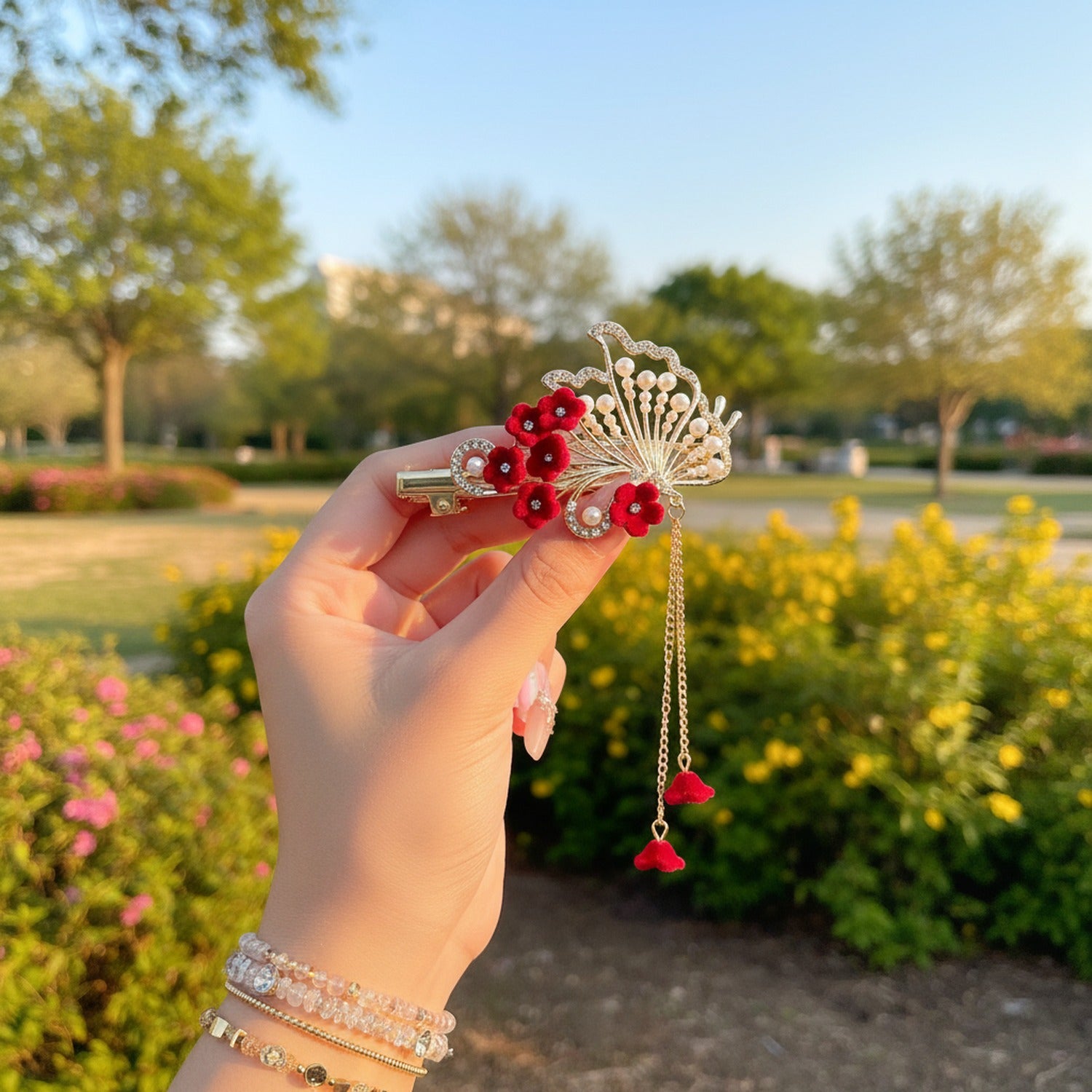 Red Flower Gold Chain Hair Claw