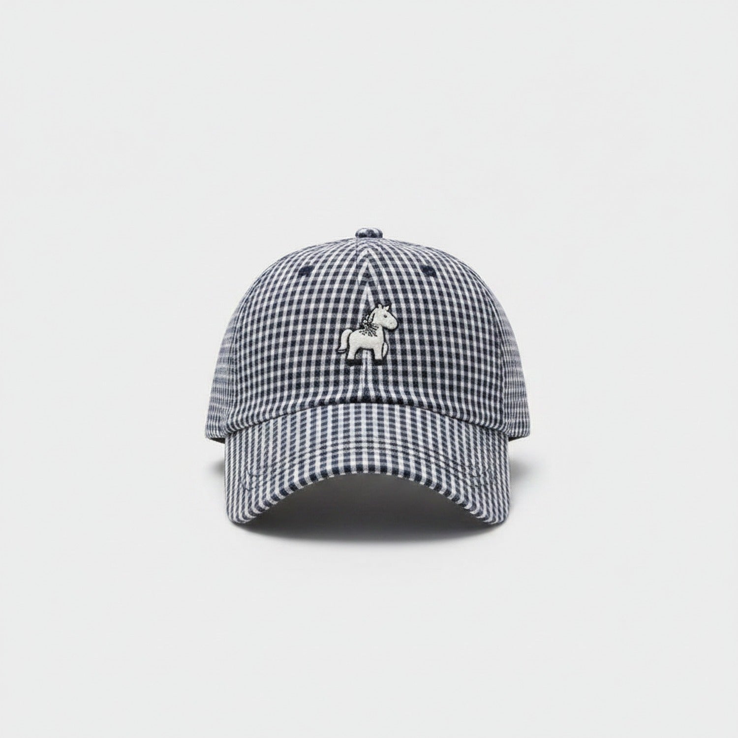 Blue Gingham Check Cap With Horse Emblem