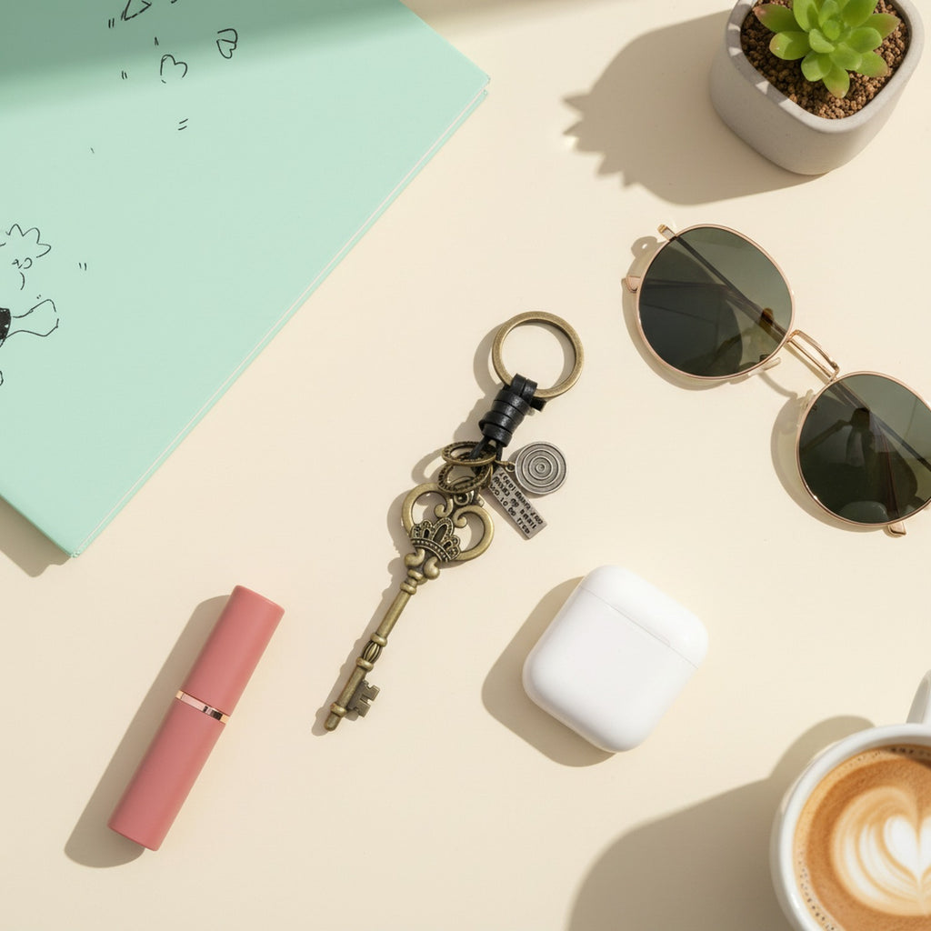 Vintage Brass Key Charm Keyring With Celestial Pendant