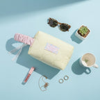 Quilted Cream Cosmetic Bag With Pink Scrunchie