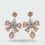 Rhinestone Bow Pearl Drop Earrings Gold