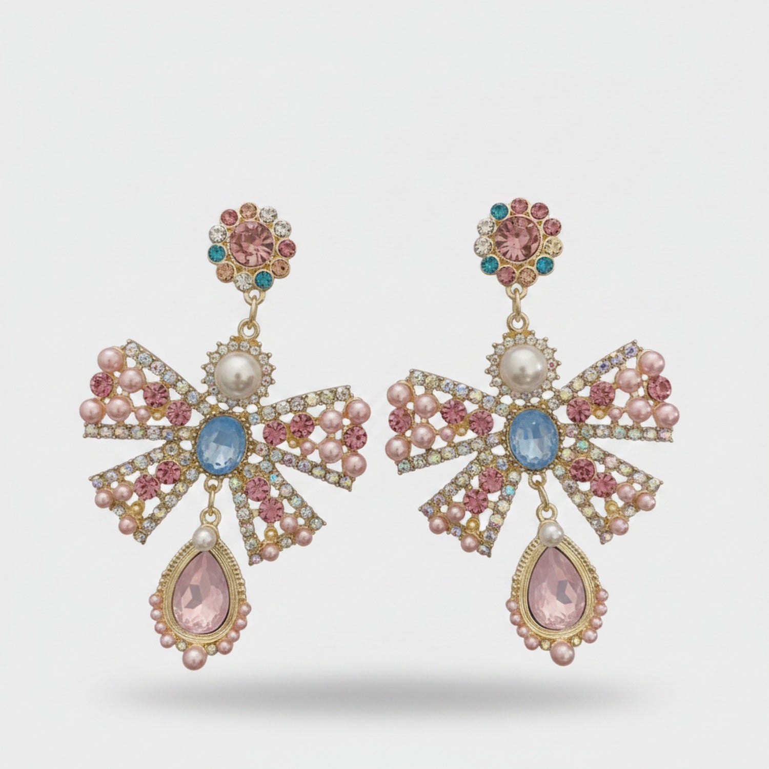 Rhinestone Bow Pearl Drop Earrings Gold