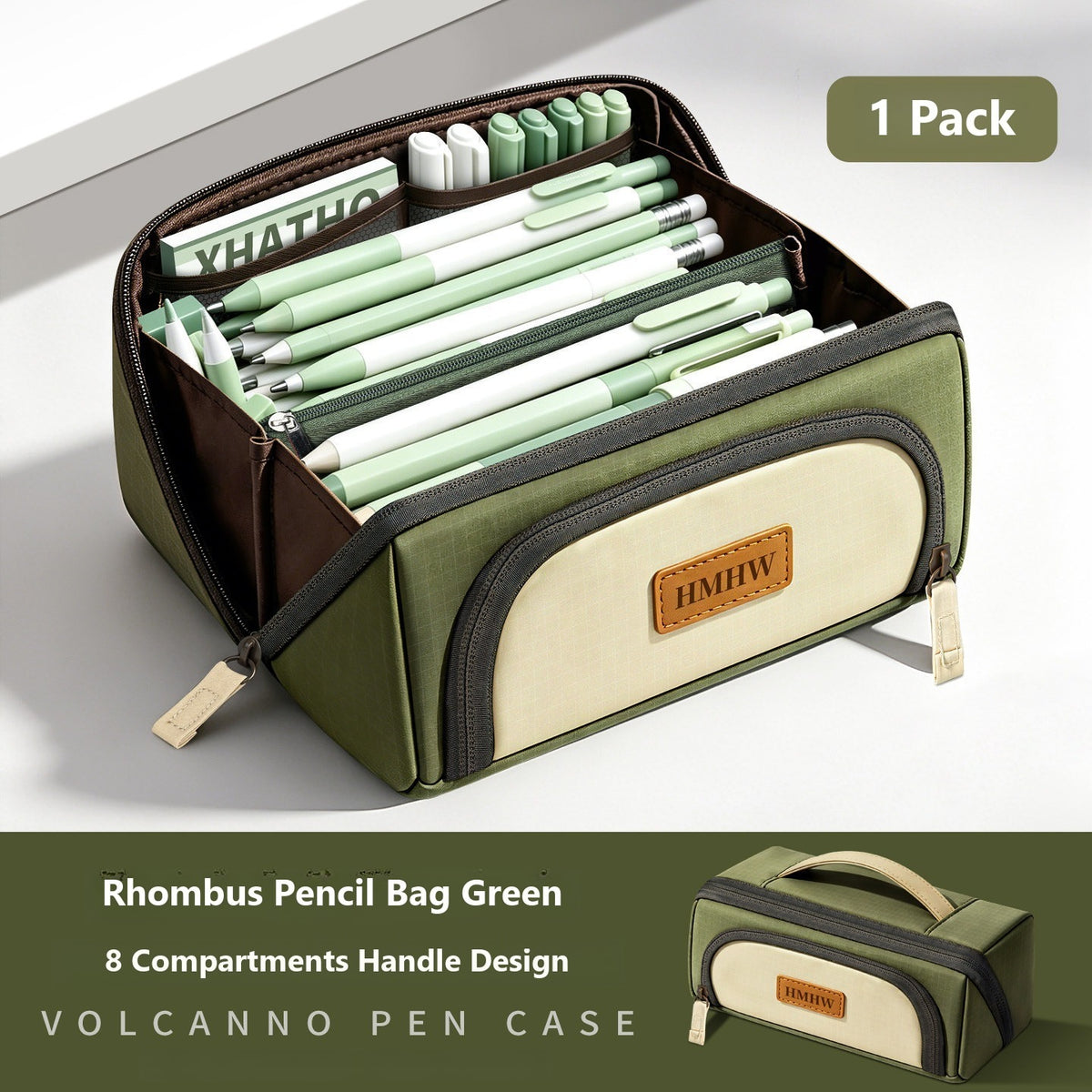 Diamond-shaped volcano pencil case/stationery bag - Armygreen