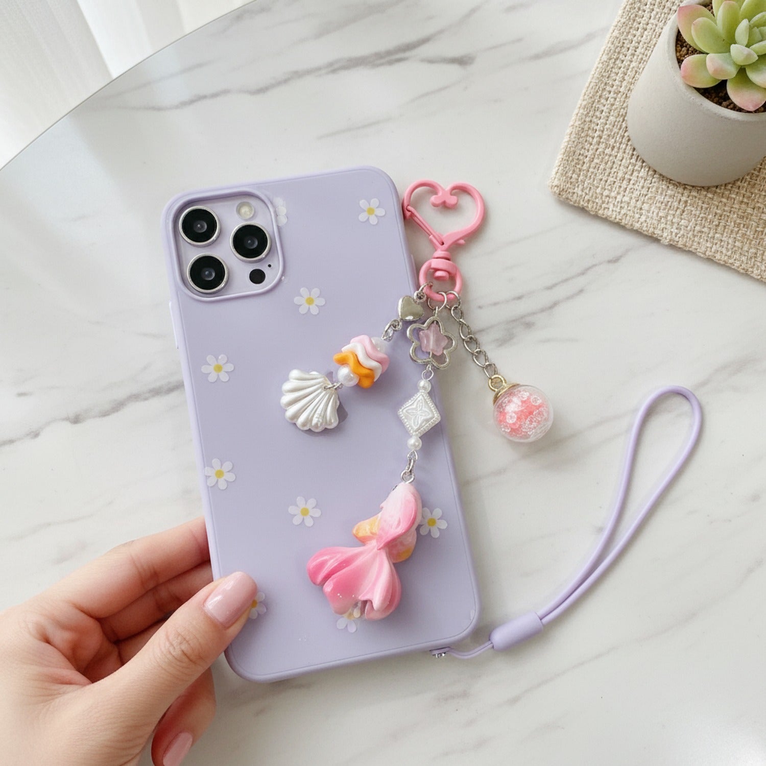 Pink Flower Charm Acrylic Keyring With Heart Top