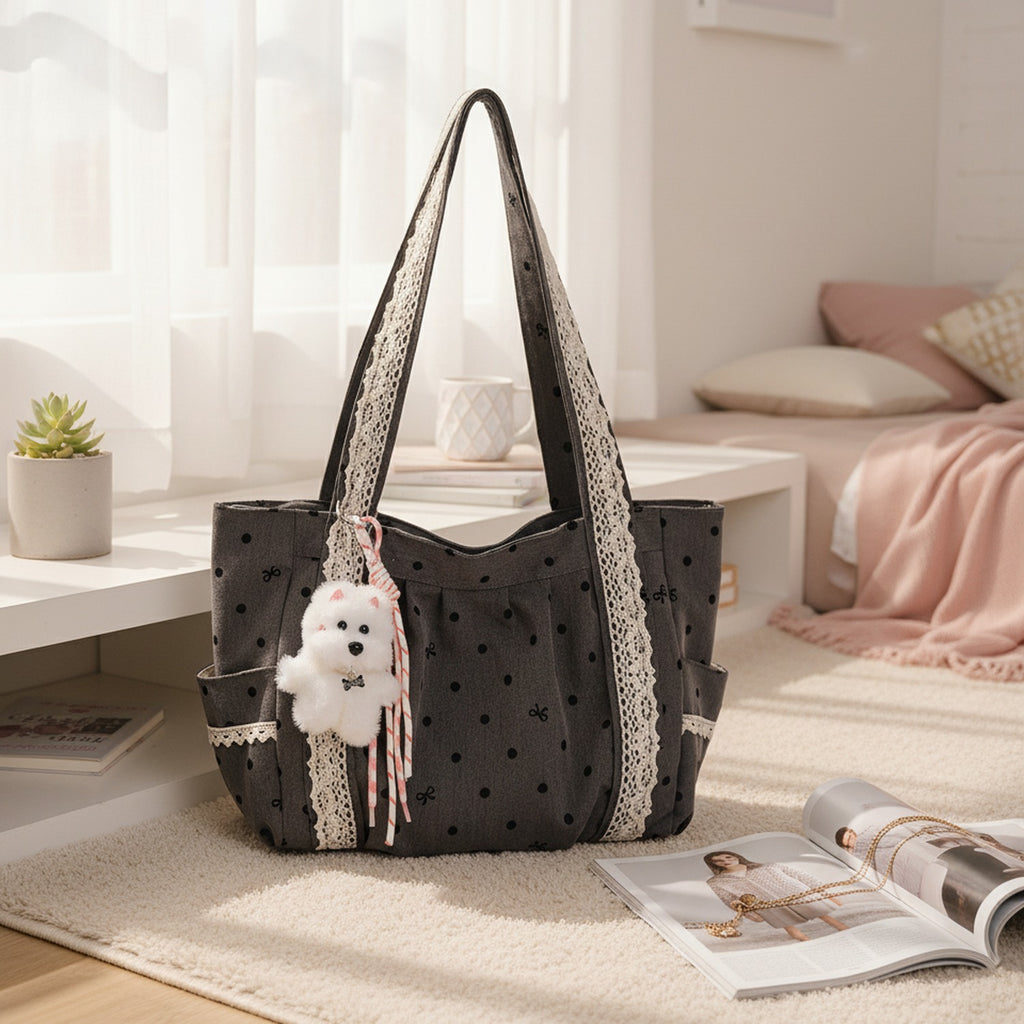 Black Star Studded Hobo Tote Bag With Fluffy Charm