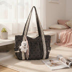 Black Star Studded Hobo Tote Bag With Fluffy Charm