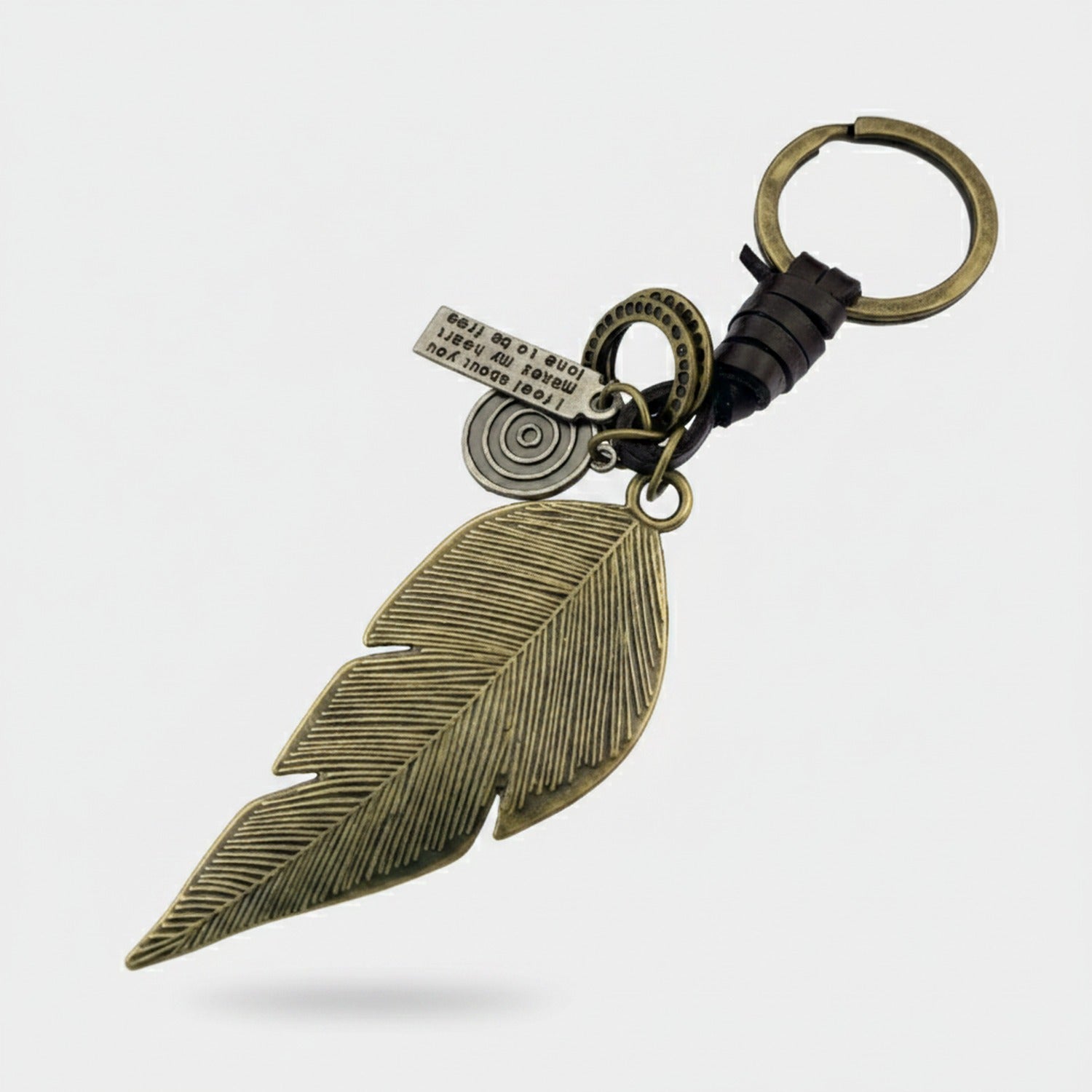 Brass Leaf Charm Keyring With Beaded Accents