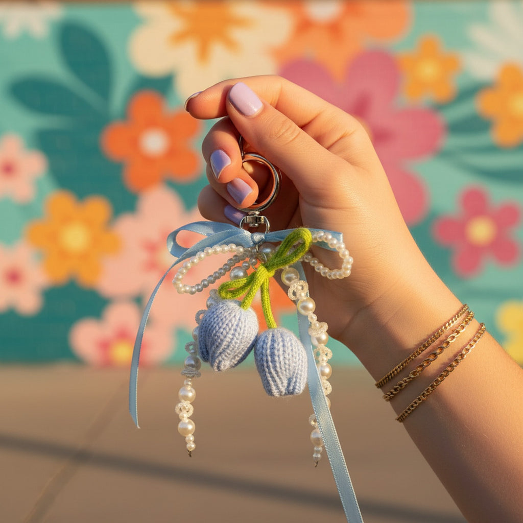 Pink Knit Flower Pearl Beaded Keyring Charm