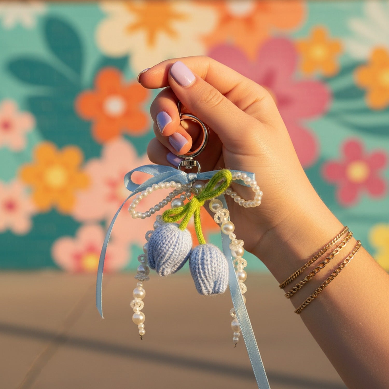Pink Knit Flower Pearl Beaded Keyring Charm