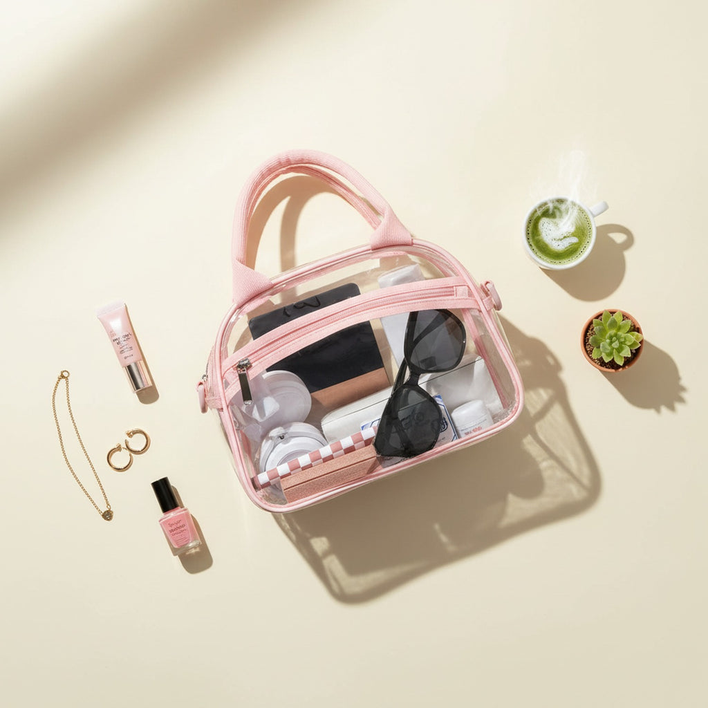 Clear Pink Cosmetic Bag With Striped Trim
