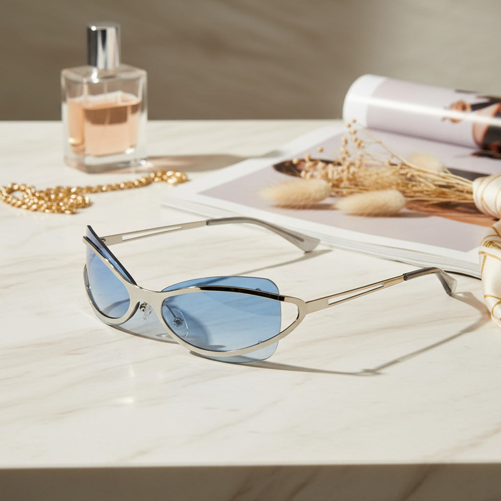Blue Tinted Metal Frame Oval Sunglasses