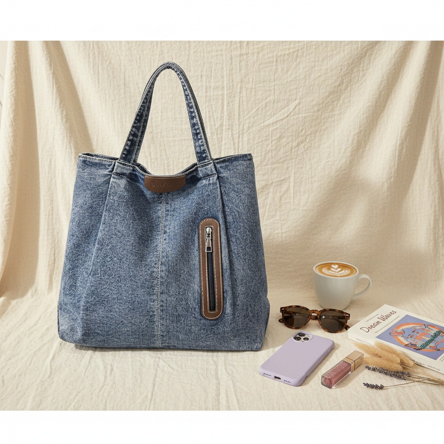 Denim Tote Bag with Brown Leather Trim