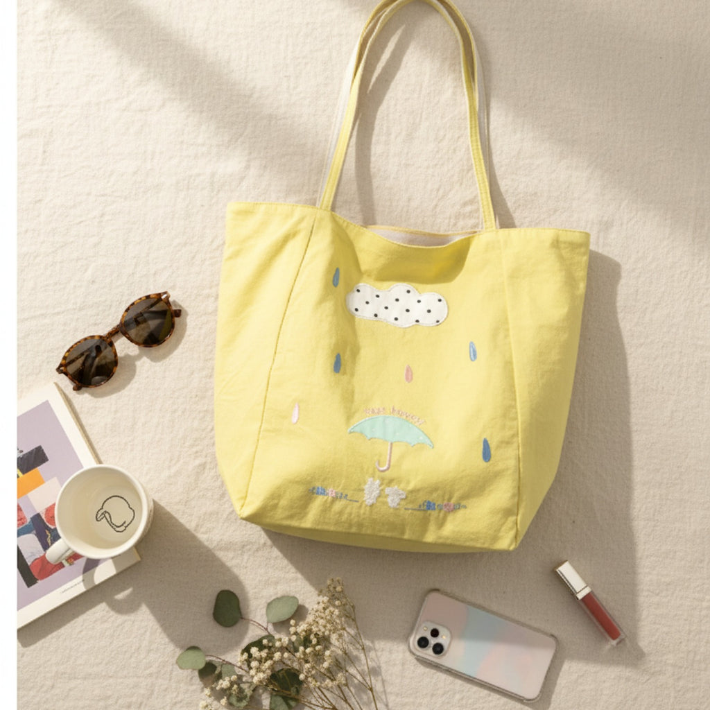 Yellow Umbrella Canvas Tote Bag With Polka Dot Trim