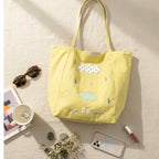 Yellow Umbrella Canvas Tote Bag With Polka Dot Trim