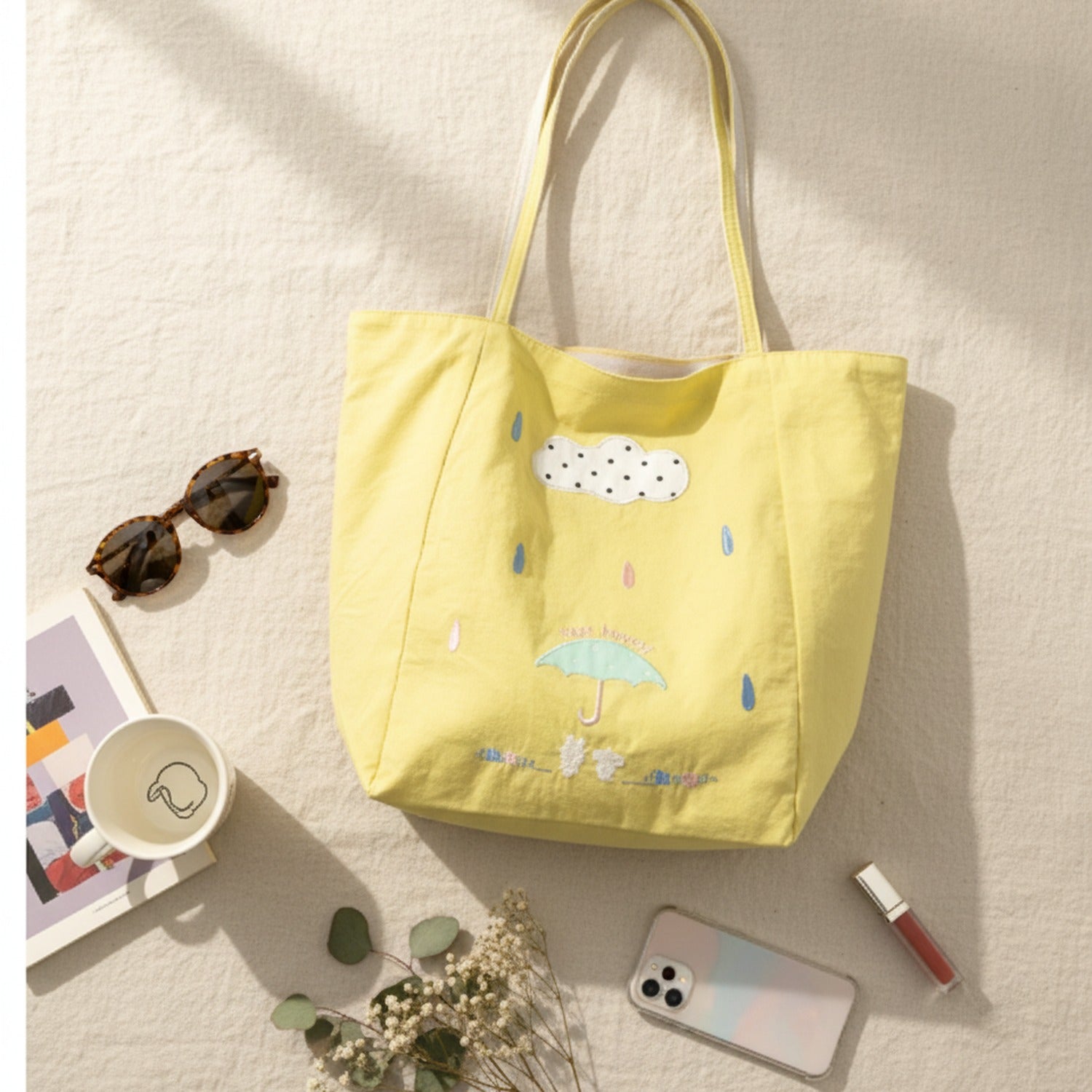 Yellow Umbrella Canvas Tote Bag With Polka Dot Trim