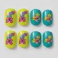 Playful Bow & Star Nail Set - Neon Yellow & Teal