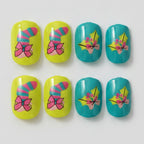 Playful Bow & Star Nail Set - Neon Yellow & Teal