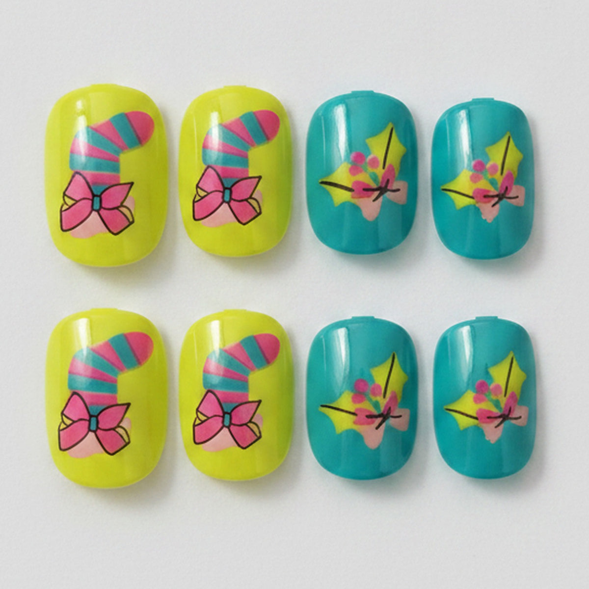 Playful Bow & Star Nail Set - Neon Yellow & Teal