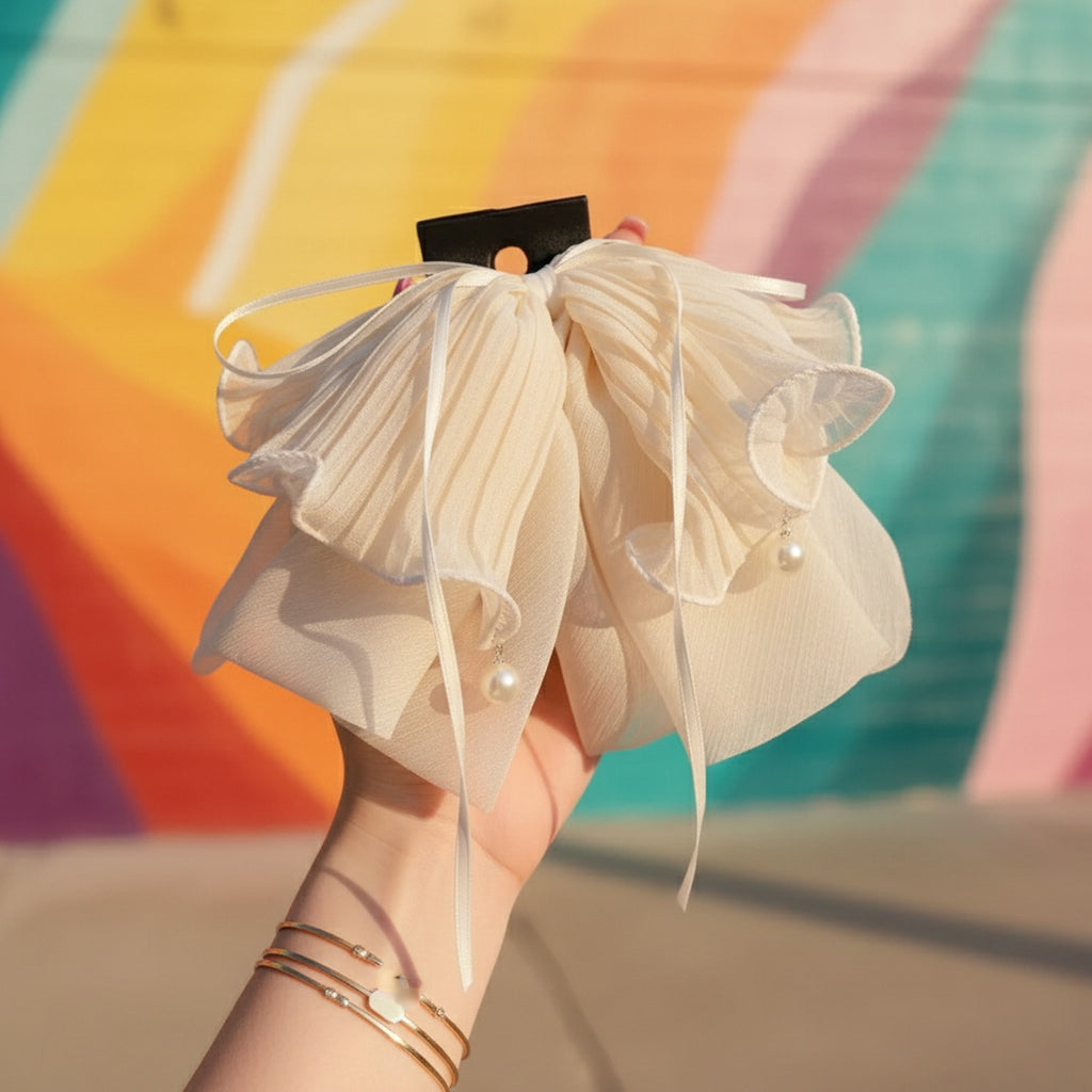 Cream Pleated Flower Hair Claw Clip Pearl