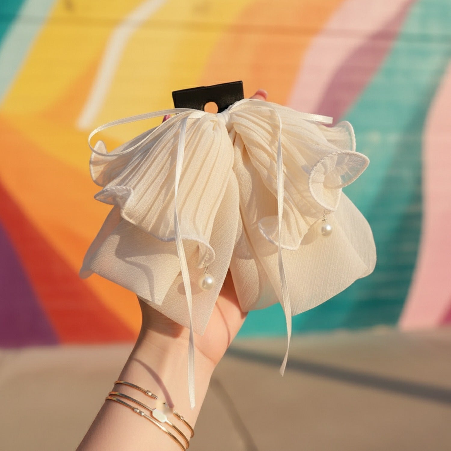 Cream Pleated Flower Hair Claw Clip Pearl