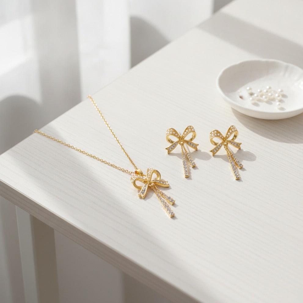 Rhinestone Bow Necklace & Earring Set - Gold
