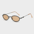Oval Beaded Black Metal Sunglasses With Tan Lens