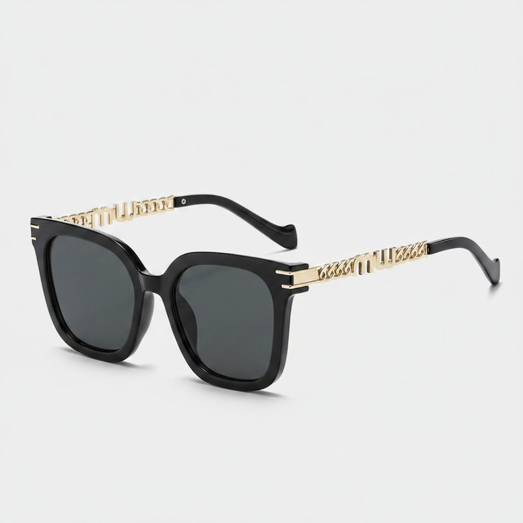Black Square Sunglasses With Gold Chain Arms