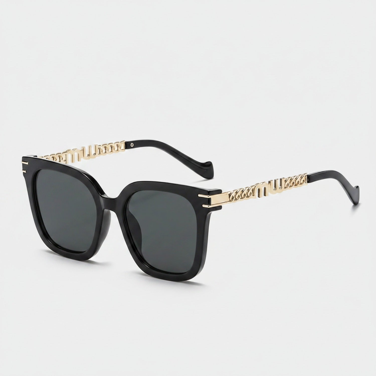 Black Square Sunglasses With Gold Chain Arms
