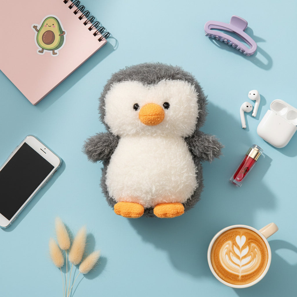 Cute Grey & White Fuzzy Penguin Plush Toy