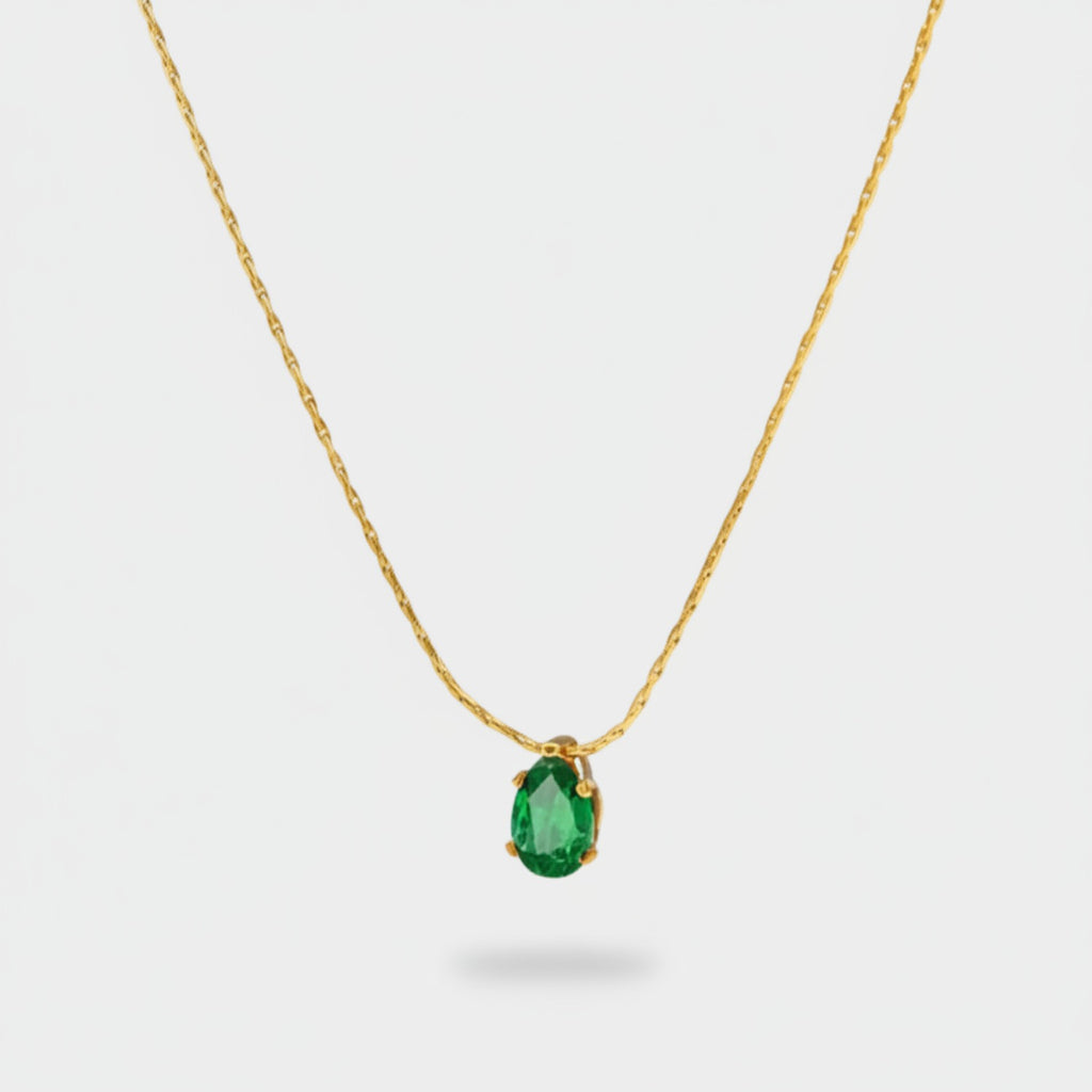 Green Teardrop Crystal Gold Chain Necklace