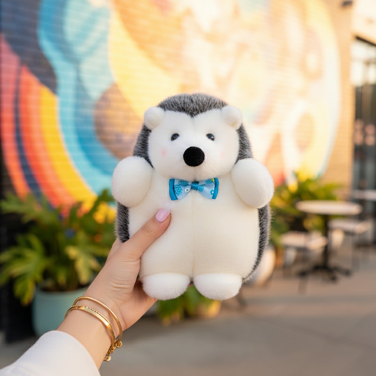 Adorable Gray & White Hedgehog Plush With Blue Bow