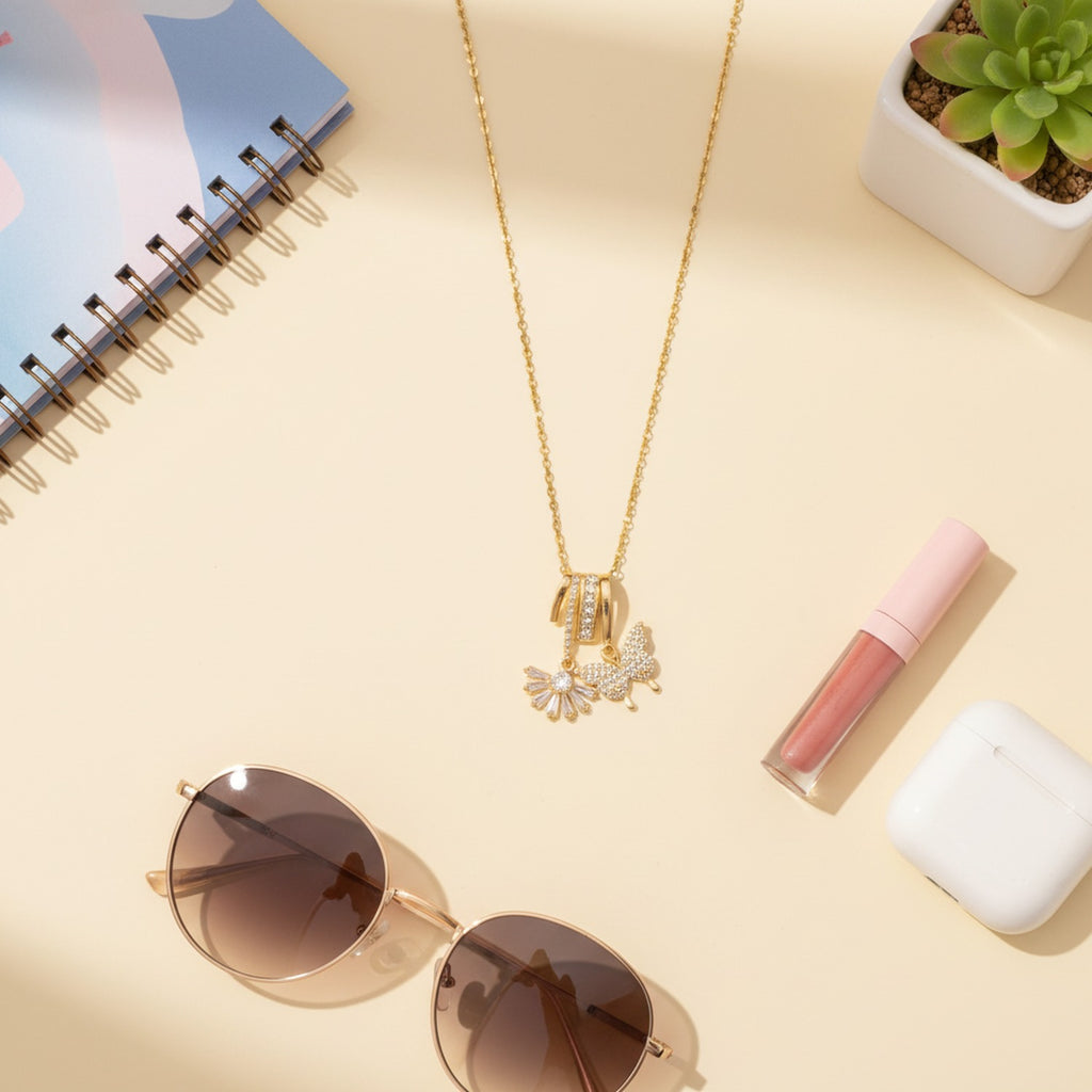 Gold Butterfly Flower Charm Rhinestone Necklace
