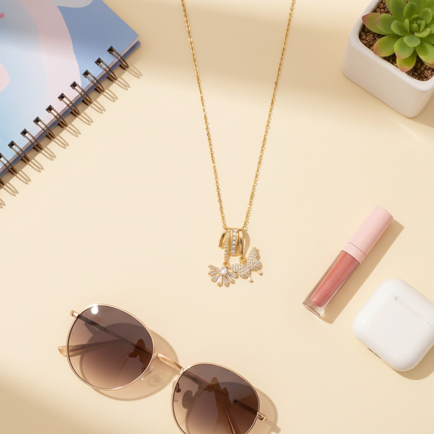 Gold Butterfly Flower Charm Rhinestone Necklace
