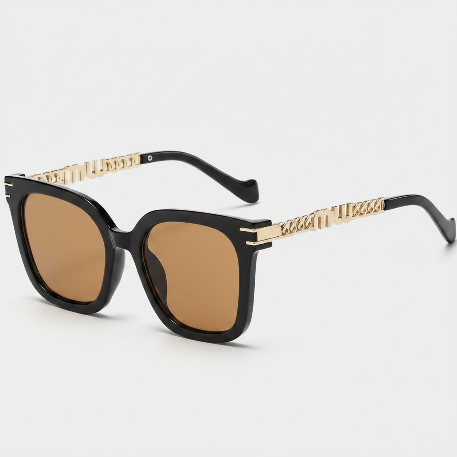 Black Square Sunglasses With Gold Chain Arms