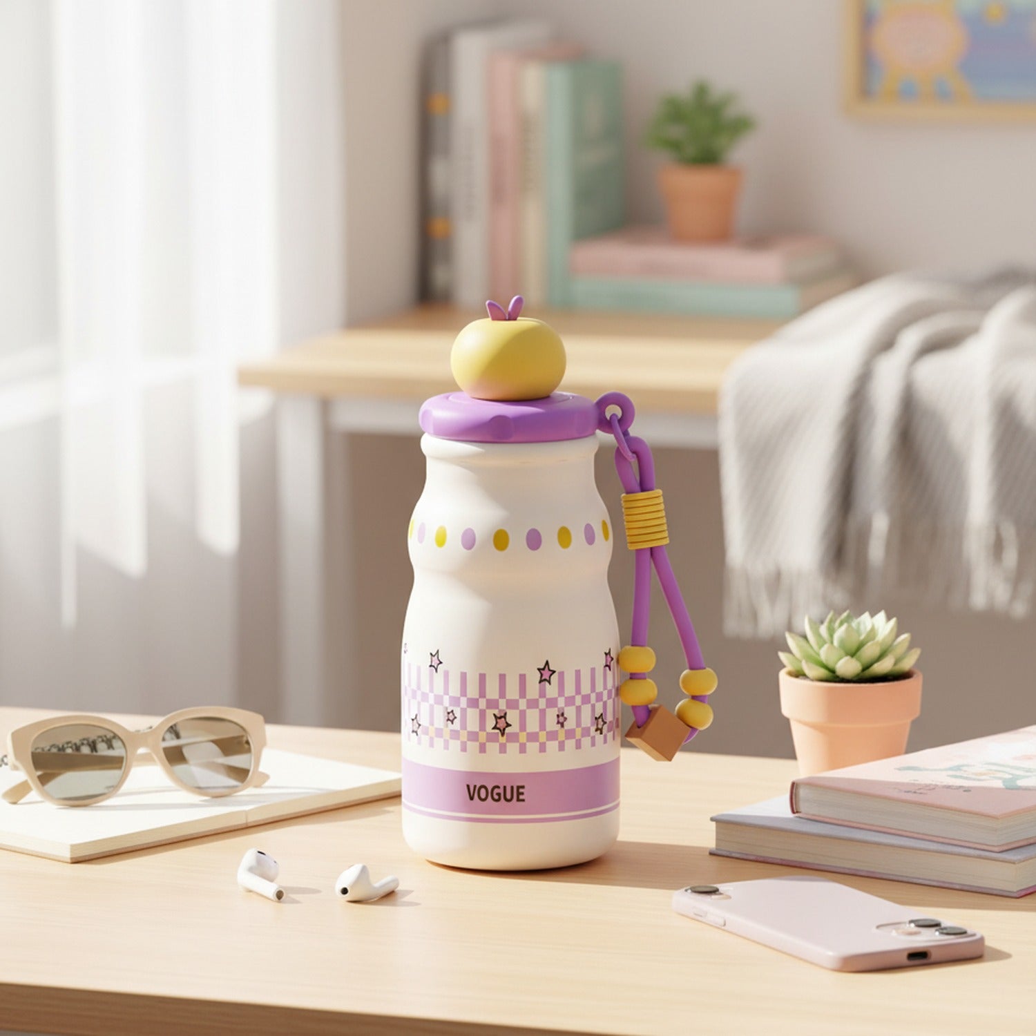 Pink Kawaii Apple Tumbler With Charm Strap