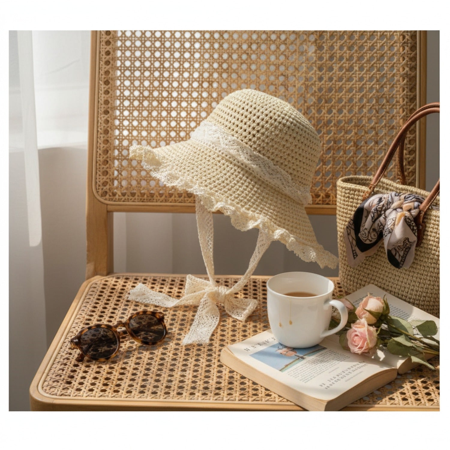 Cream Crochet Bucket Hat With Lace Trim