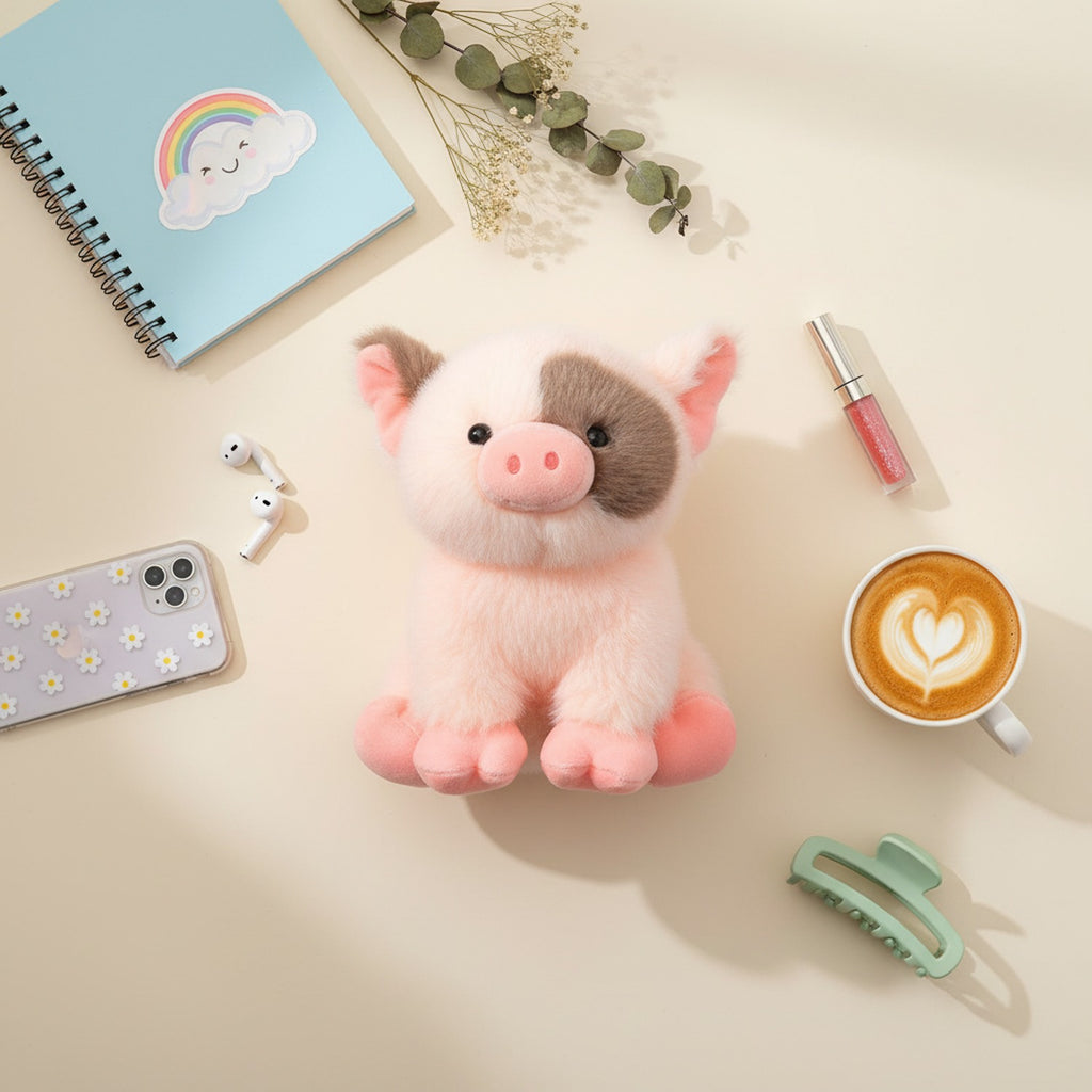 Adorable Pink Plush Pig Toy With Gray Face Patch