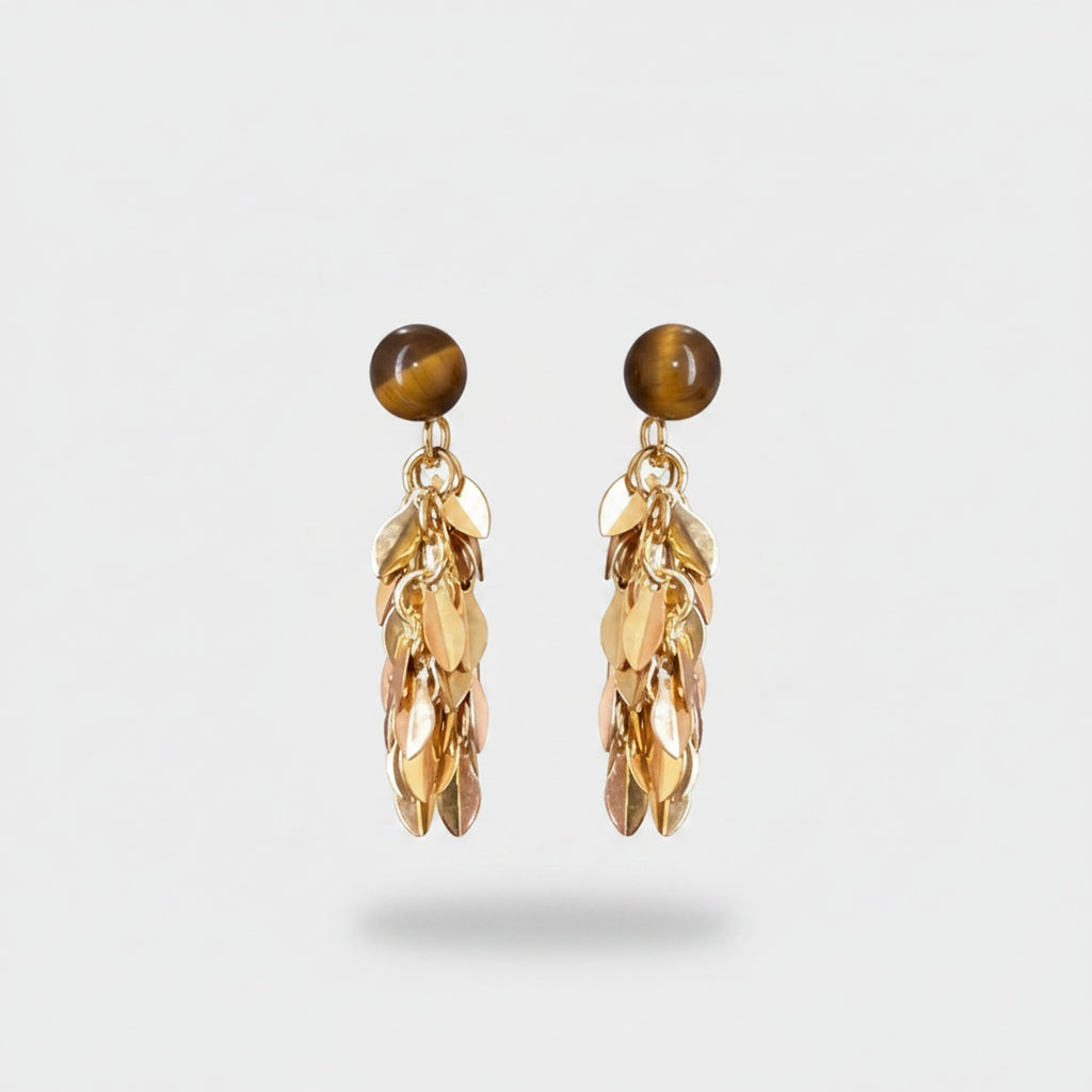 Gold Leaf Cluster Drop Earrings With Tiger Eye Stone