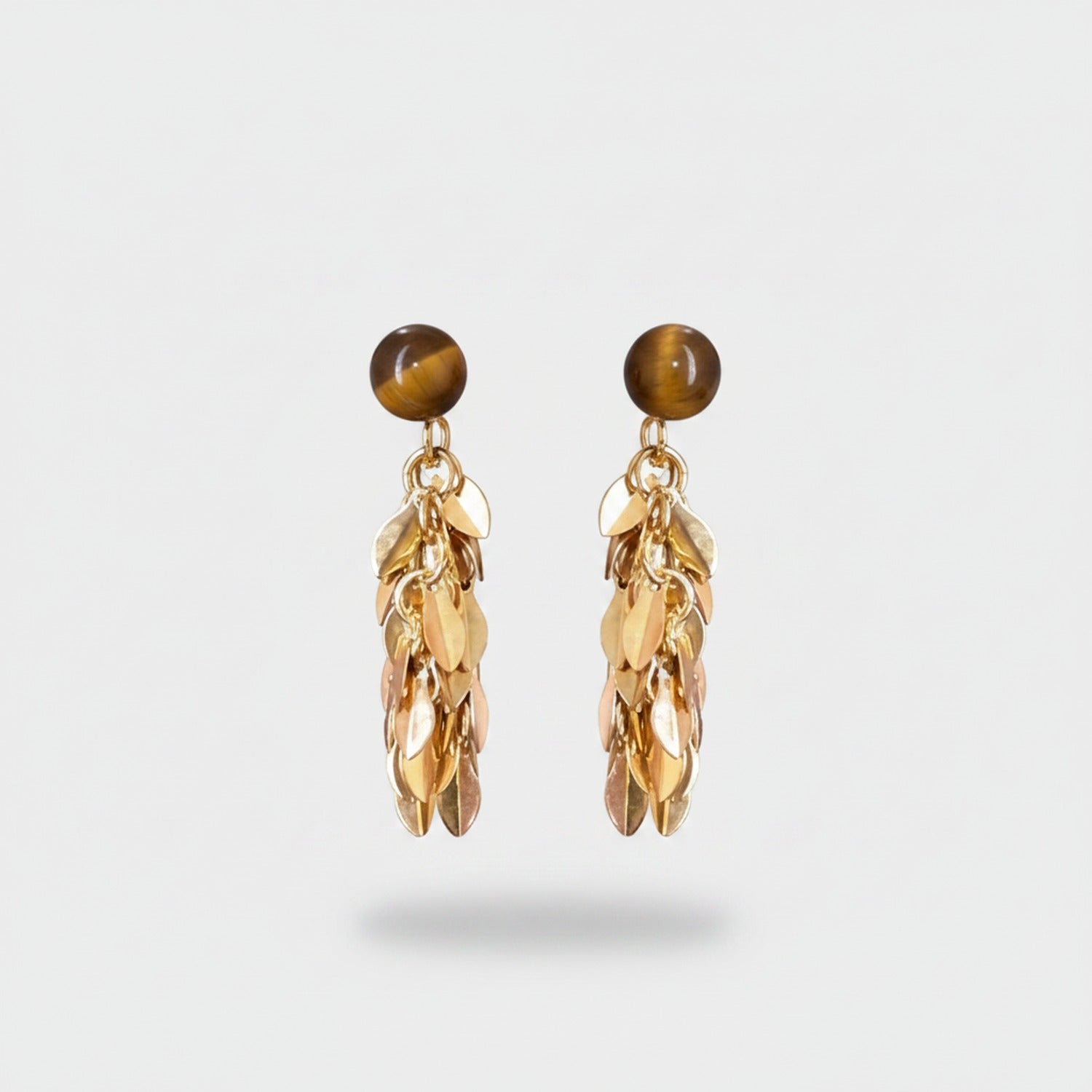 Gold Leaf Cluster Drop Earrings With Tiger Eye Stone